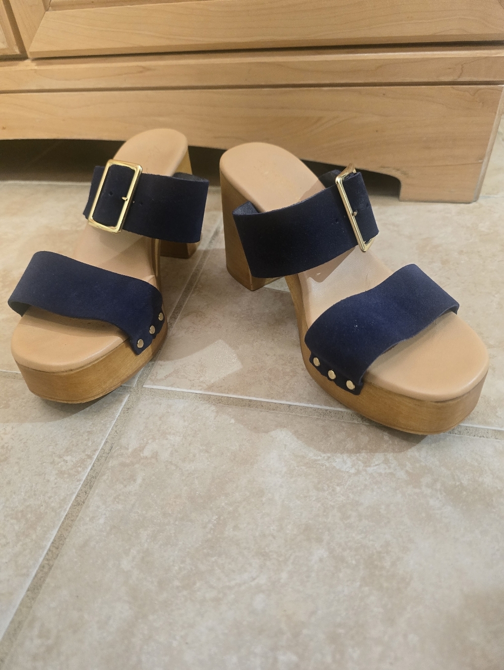 Avellini Sandals Blue Suede Platform Heel Italy Boho Cottage Size 9